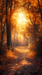 Obraz premium A forest in autumn, with trees of various colors and leaves falling to the ground, creating an enchanting landscape 