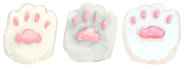 Cat paw whimsical animal foot watercolor hand drawn and painted on isolated background collection set of white and gray