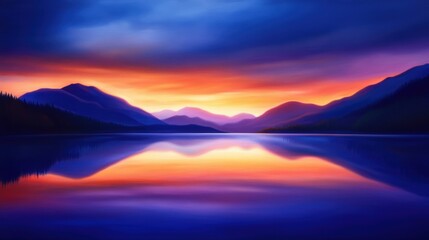 Fototapeta premium A stunning sunset reflection over a serene lake surrounded by majestic mountains