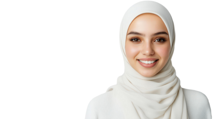 Portrait Photography of a Muslim Model in Stunning Hijab Styles concept. Smiling woman wearing a hijab, isolated on transparent background