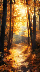 Obraz premium A forest in autumn, with trees of various colors and leaves falling to the ground, creating an enchanting landscape 