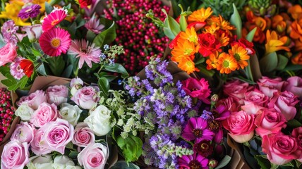 Colorful floral arrangement featuring roses, gerbera daisies, and mixed blooms for celebrations