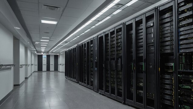 Server room, numerous computers, servers - Powered by Adobe