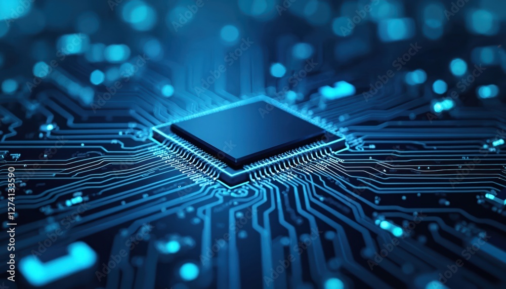 Aufkleber Electronic circuit board close-up shows computer chip, blue cyber circuit future tech concept. Digital processor microchip industrial background. Science artificial intelligence microcircuit design