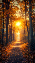 Obraz premium A forest in autumn, with trees of various colors and leaves falling to the ground, creating an enchanting landscape 