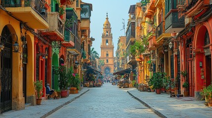 Fototapeta premium Vibrant Cadiz Street, Spain: Colorful Buildings and Cathedral View