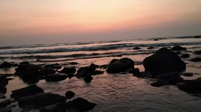 Vertical Screen: Magnificent Blue Ocean Shore Location for Tourists. Beautiful and Powerful Wild Nature and Seashore. Travel Guide Spot. Warm Beach with Golden Sand at the Sea. Day with Light Clouds.