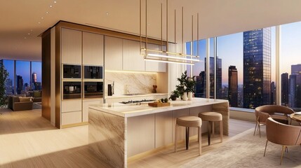 Fototapeta premium Bright, warm lighting makes the kitchen feel cozy and inviting. Simple yet elegant decorations, such as vases and wall hangings, add a personal and warm touch to the space.