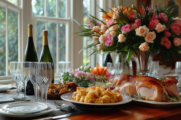 A festive Easter meal table, elegant and inviting, culinary theme