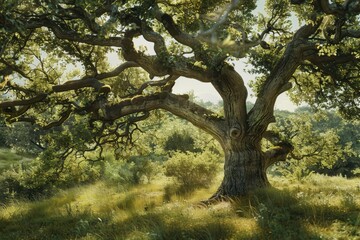 Mighty oak tree standing tall in an enchanting forest under soft sunlight filtering through the leaves