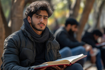 A Middle Eastern student studying, focused and relatable, educational theme.