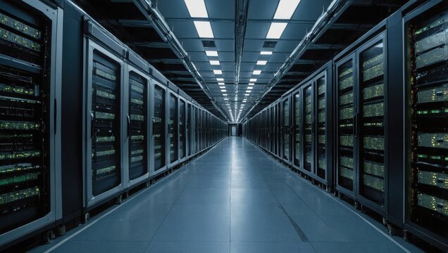 Server room, numerous computers, servers - Powered by Adobe