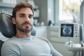 Young man lies in medical chair undergoing health checkup in modern clinic. Concept of health care, regular screenings and prevention serious conditions