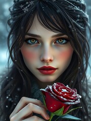 Close-up portrait of a dark-haired woman with lips painted in bold red lipstick, holding a red rose against a winter landscape backdrop