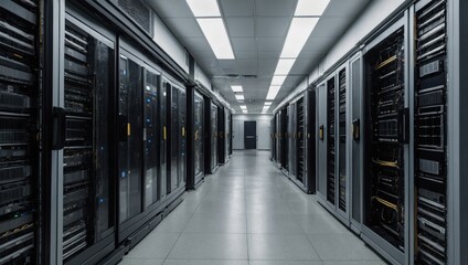 Server room, numerous computers, servers