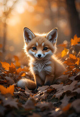 An adorable little fox cub sits among vibrant fallen autumn leaves, surrounded by a warm and picturesque seasonal forest background in soft golden light