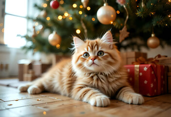A fluffy ginger cat lies on the floor against the backdrop of a festive Christmas tree and beautifully wrapped gifts, creating a warm and cozy holiday atmosphere