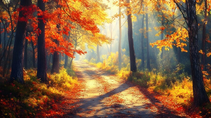 A forest in autumn, with trees of various colors and leaves falling to the ground, creating an enchanting landscape
