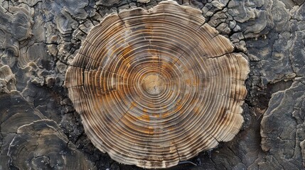A cross-section of a tree stump showcasing growth rings and natural textures.