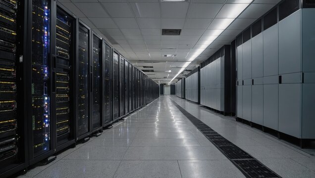 Server room, numerous computers, servers - Powered by Adobe