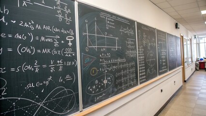 A classroom blackboard filled with complex mathematical equations and formulas, ready for educational content and academic themes.
