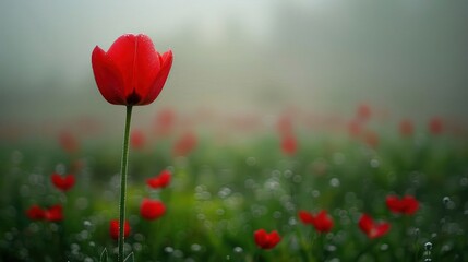 Obraz premium A single red tulip stands tall amidst a field of tulips in a misty environment.