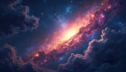 Fototapeta premium Colorful cosmos illustration. Starry night universe astronomy background. Space galaxy with glowing cloud nebula, stars. Backdrop for cover, card, postcard, interior design, banner, poster, brochure