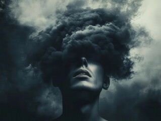Conceptual portrait of a fictional man burdened by a dark, ominous cloud overhead, symbolizing mental health challenges and inner turmoil in a surreal style
