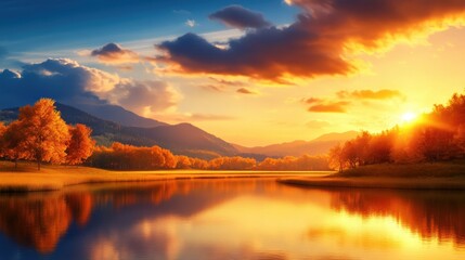 Fototapeta premium A serene landscape featuring a tranquil lake reflecting the vibrant colors of a sunset. The surrounding mountains and trees create a peaceful environment, ideal for relaxation.