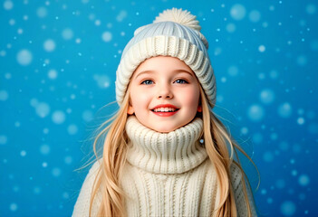 A little girl with rosy cheeks, wearing a cozy knitted hat and a warm sweater, stands against a soft blue winter landscape with a light snowfall