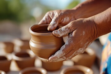 A skilled artisan shapes a beautiful clay pot, showcasing the traditional pottery-making technique passed down through generations, emphasizing the elegance of handmade craftsmanship.
