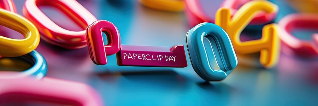 A playful scene with paperclips arranged to spell out "PAPERCLIP DAY" on a colorful background,