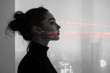 A woman's profile silhouetted against a city backdrop, overlaid with red data streams, symbolizing technology's integration into human life.