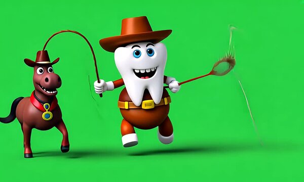 Cartoon tooth cowboy riding horse, green background, lassoing a stain, digital art