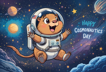 An adorable cartoon astronaut hamster is floating in outer space with a happy expression on his face, dressed in a detailed spacesuit. The inscription "Cosmonautics Day"