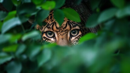 Fototapeta premium Leopard peering through leaves in jungle