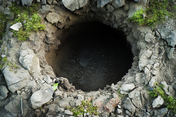 Hole in ground isolated. Deep earth nature land surface texture, dig, pit, burrow, soil
