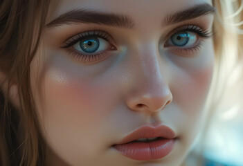 Close-Up Portrait of a Young Woman with Striking Blue Eyes, Flawless Skin, and Natural Makeup in Soft Natural Lighting