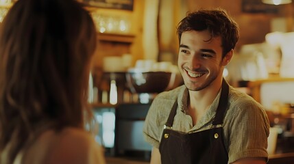Obraz premium Friendly barista serving coffee to a smiling customer in a cozy caf? setting with warm lighting