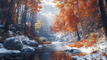 a river cutting through a forest with brilliant autumn colors, where snow melts gently along the edges, creating a tranquil