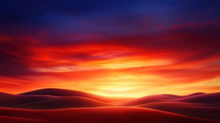 Obraz premium A breathtaking sunset over rolling hills, showcasing vibrant hues of orange, red, and purple in the sky. The tranquil landscape captures the beauty of nature's evening spectacle.