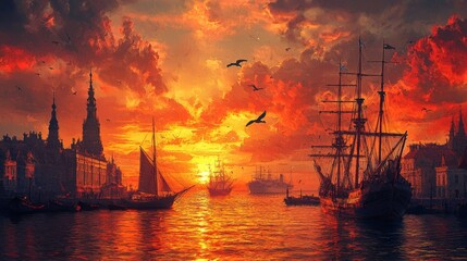 An evening sunset during which fishing boats and seagulls gather in a bustling harbor with a vibrant sky