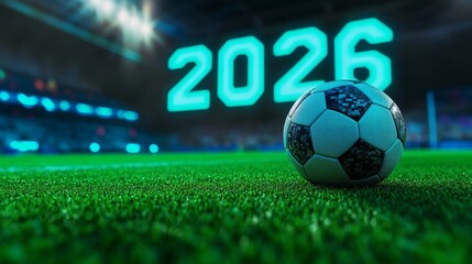 Soccer Ball 2026 Stadium Closeup - A close-up of a soccer ball on a green field, with a stadium and the year 2026 illuminated in the background. Symbolizing anticipation, competition, victory, future
