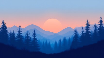 Obraz premium Serene Sunset Over Silhouetted Mountain Forest