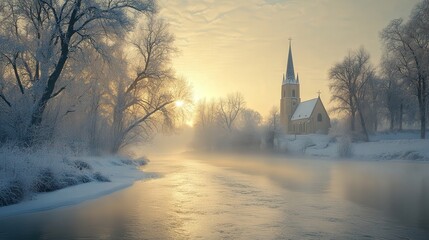 Fototapeta premium a riverside church with snow-covered surroundings. The river flows softly