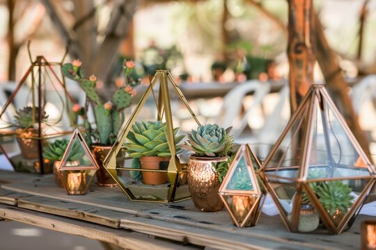 Decorative glass terrariums filled with succulents arranged on a rustic wooden table in an outdoor setting during a sunny day