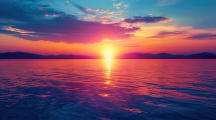 A serene sunset over calm waters, casting vibrant colors across the sky and reflecting on the sea.