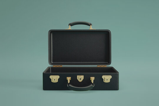 Opened 3D black briefcase empty isolated on a color background