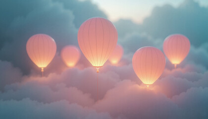 Fototapeta premium Glowing hot air balloons floating among soft clouds