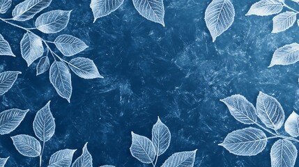 White leaves on blue background, copy text, template
